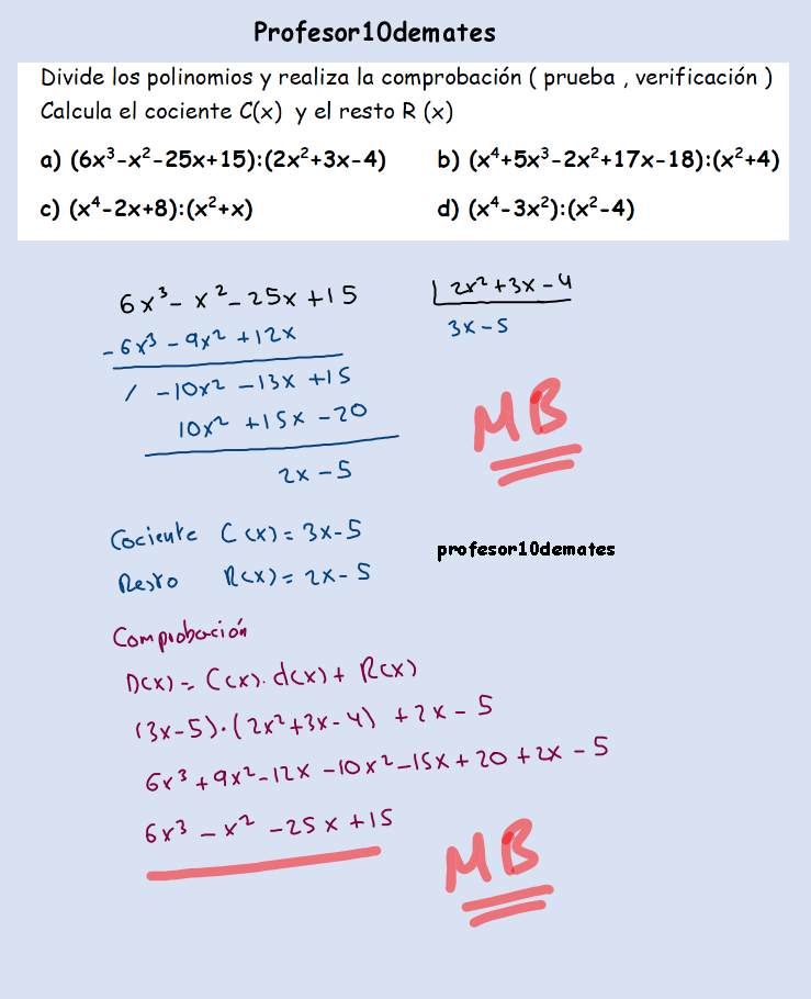 polinomios ejercicios resueltos 3 ESO examen división